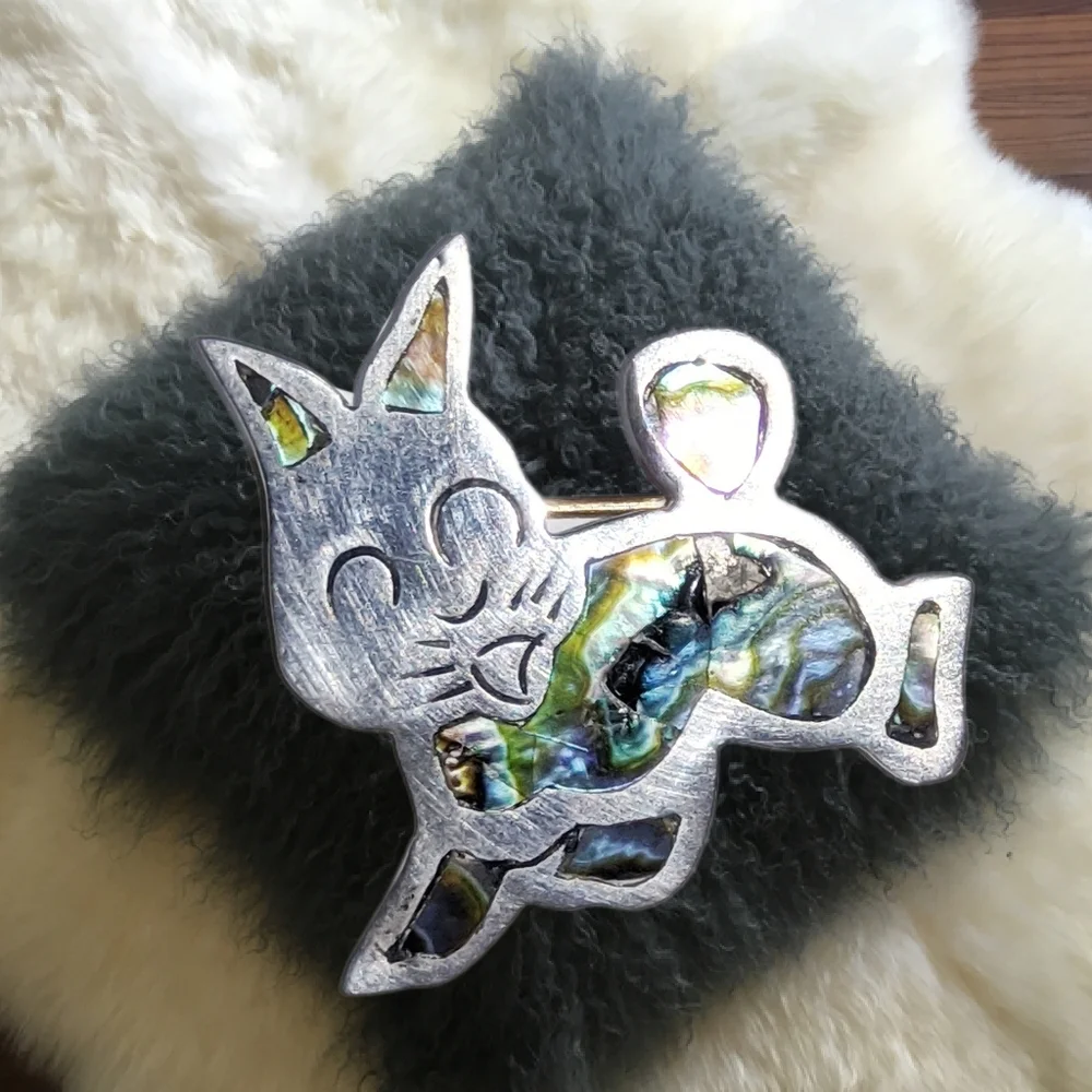 Rabbit Sterling Silver Brooch with Abalon Accents